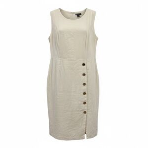 Nina Leonard White Buttercream Linen Sleeveless Dress Gold Buttons Size 16